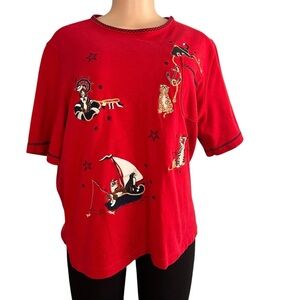 Bonworth Vintage Nautical Embroidered Cats T Shirt Red Front Pocket